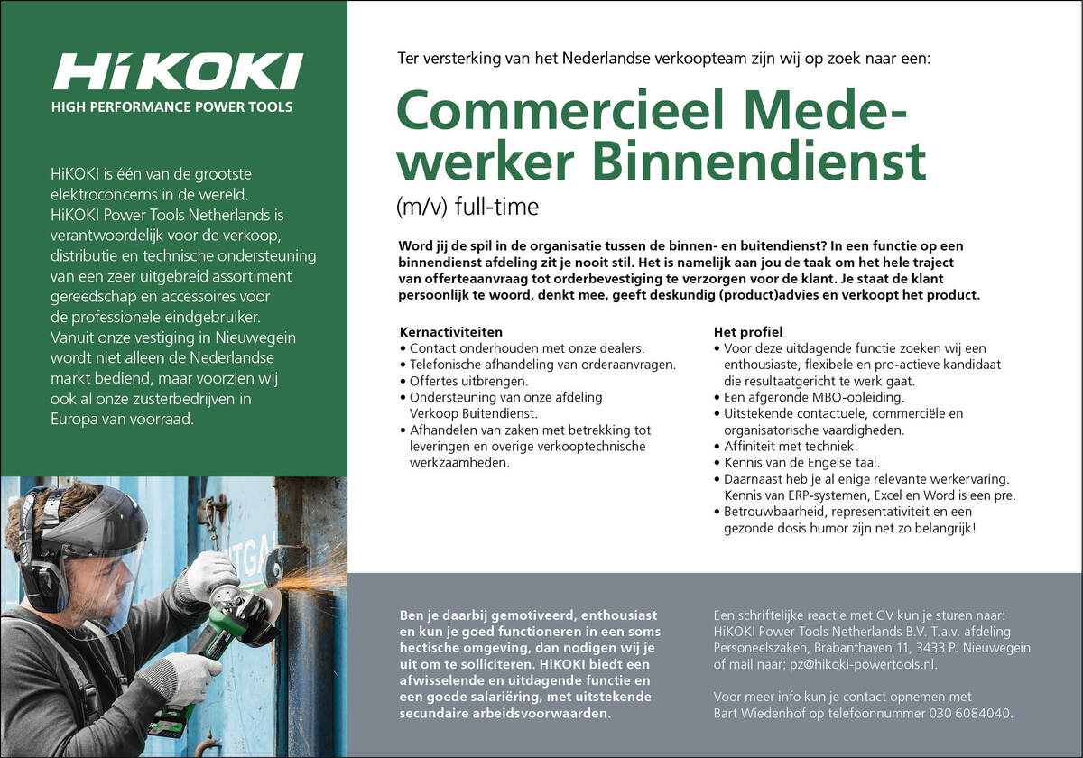 Nieuws Vacature Commercieel Medewerker Binnendienst Hikoki Power Tools Netherlands B V